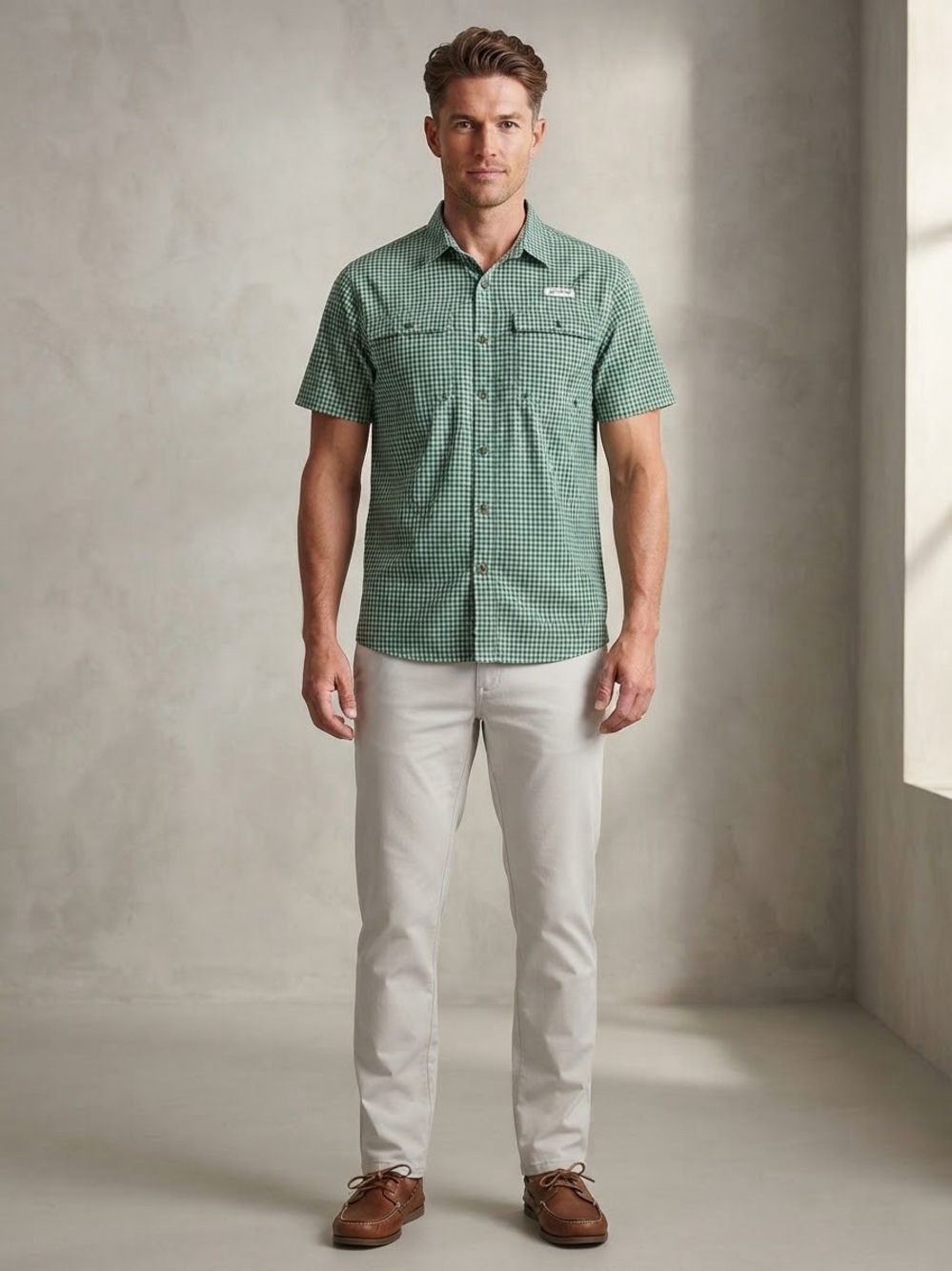 Magellan Mens Green Gingham Short-Sleeve Button-Up Shirt